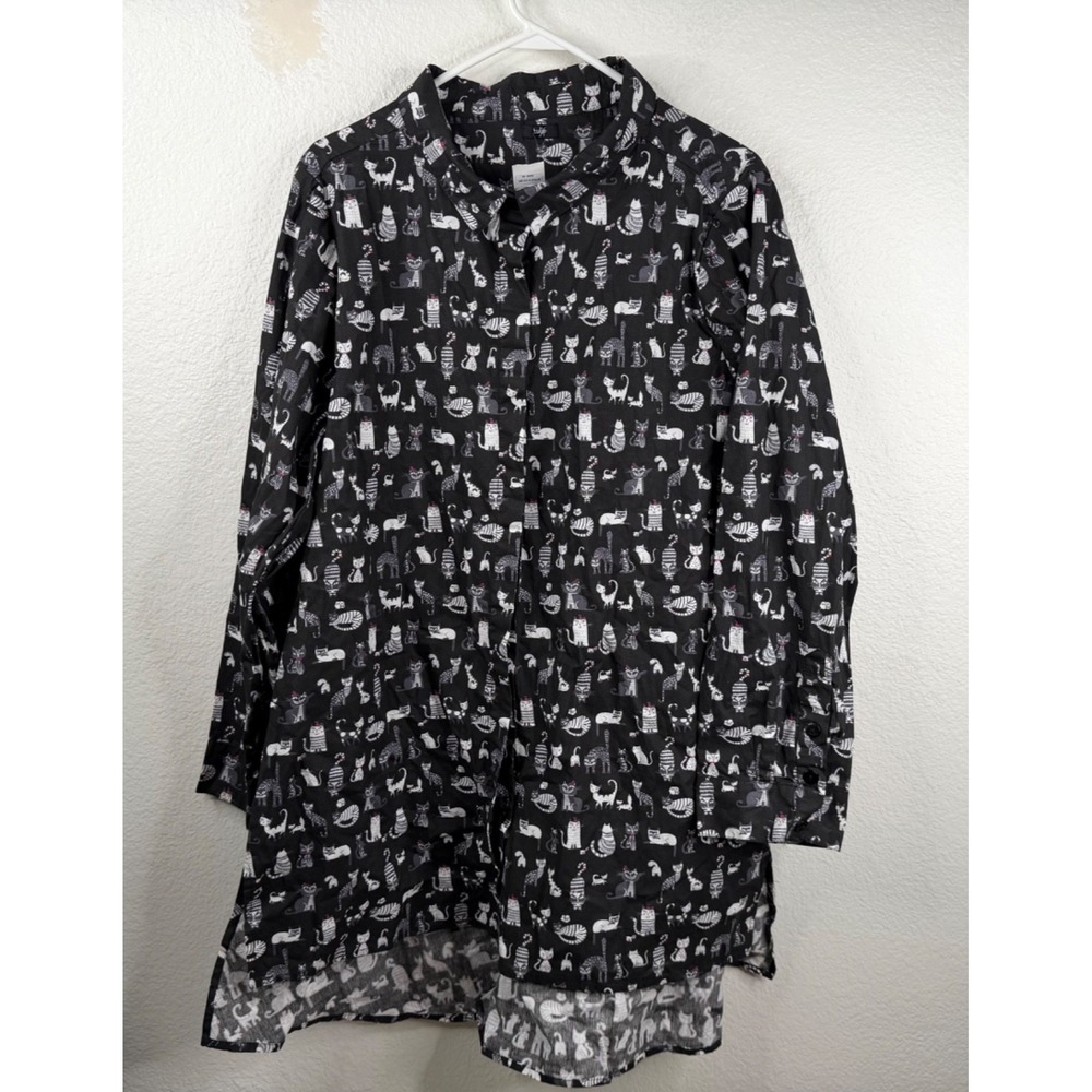 Tulip Brand Shirt Dress Cat Print Lagonlook Eclectic Button Up Black Sz XL NWOT